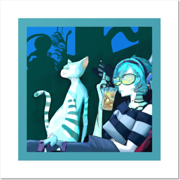 Blue Haired Girl Enjoys Tea and Tunes With Her Cat Friend Wall Art by Star Scrunch